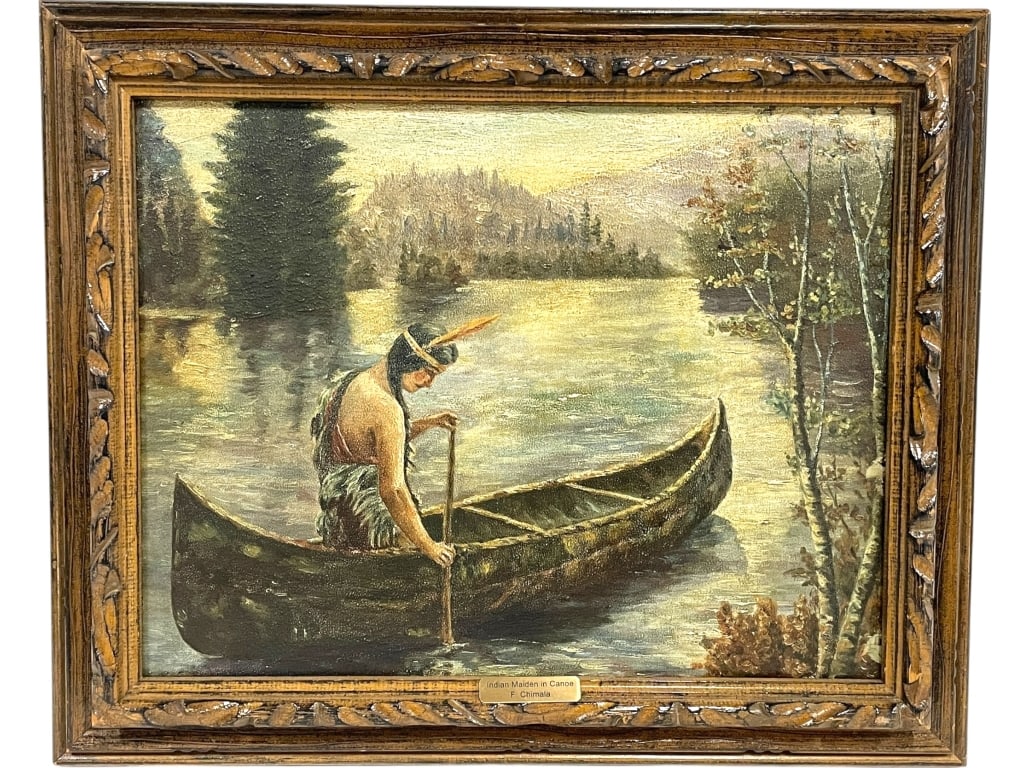 AMERICAN SCHOOL INDIAN MAIDEN IN CANOE OIL 24" (1 of 6)
