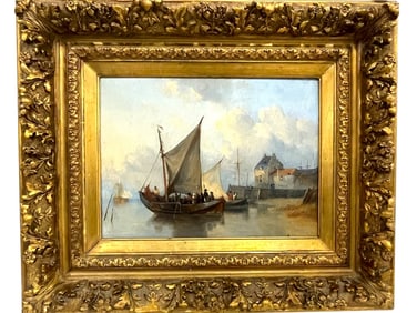ANTIQUE EUROPEAN SCHOOL  HARBOR SCENE OIL 30.5"