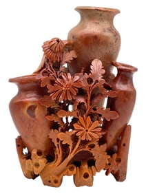 CHINESE CARVED SOAPSTONE VASE GROUPING 9"