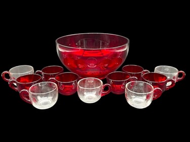 RUBY RED GLASS PUNCH BOWL SET