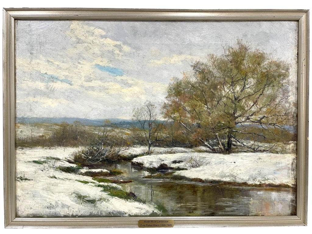 OLIVE PARKER BLACK WINTER RIVER LANDSCAPE OIL 24": "OLIVE PARKER BLACK (AMERICAN, 1868–1948) – ""WINTER RIVER LANDSCAPE""-OIL ON CANVAS – FRAMEDSIGNED OIL PAINTING BY LISTED AMERICAN ARTIST OLIVE PARKER BLACK, KNOWN FOR HER IMPRESSIONIST LANDSCA