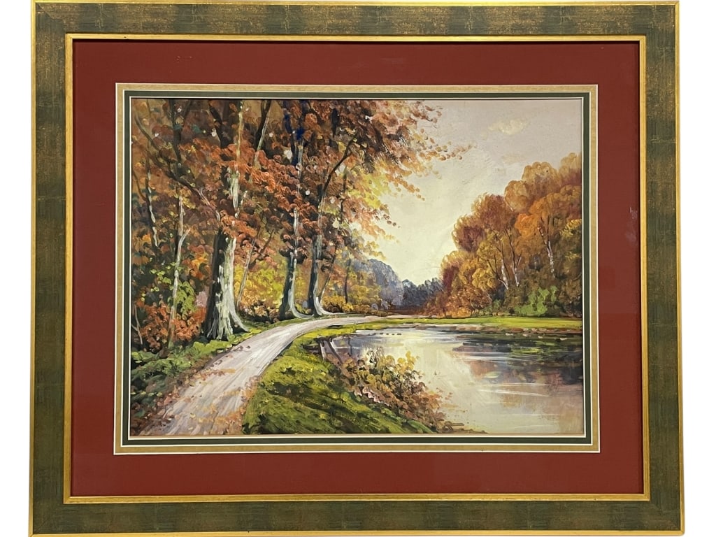 SIGNED COOLEY LANDSCAPE OIL PAINTING 36": SIGNED COOLEY ( ADELAIDE) LANDSCAPE PAINTING – FRAMED AUTUMN SCENE WITH PATH AND RIVER. THIS ORIGINAL PAINTING IS SIGNED COOLEY LOWER LEFT AND BEAUTIFULLY PRESENTED IN A DECORATIVE MATTED AND GILDED