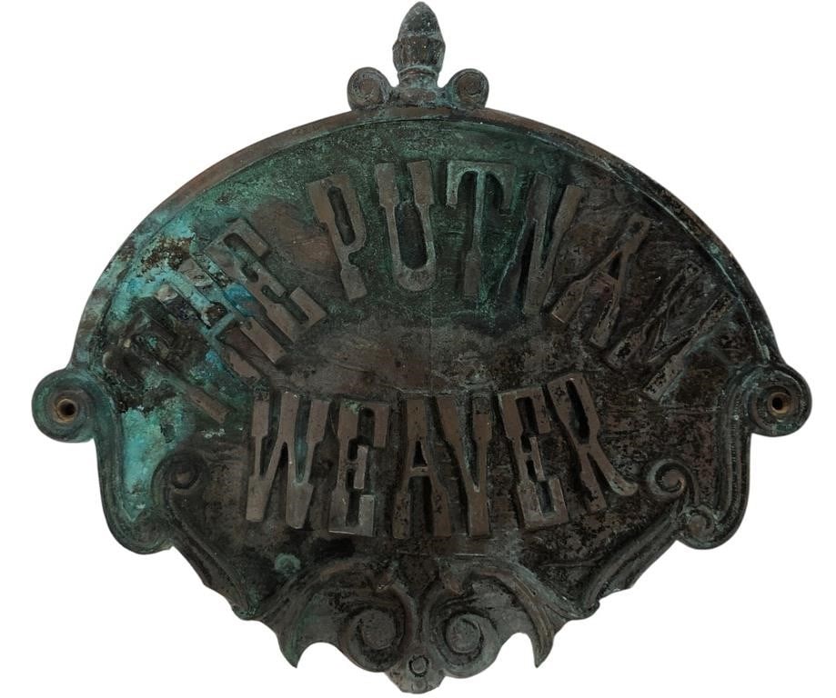ANTIQUE CAST IRON HOTEL WALL PLAQUE PUTNAM WEAVER: ANTIQUE CAST IRON HOTEL WALL PLAQUE – “THE PUTNAM WEAVER” – HEAVY CAST IRON ARCHITECTURAL SIGN WITH RICH AGED PATINA, FEATURING BOLD RAISED LETTERING THAT READS “THE PUTNAM WEAVER.&rdquo