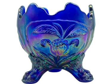 IMPERIAL GLASS IG COBALT BLUE CARNIVAL GLASS CANDLE BOWL 3"