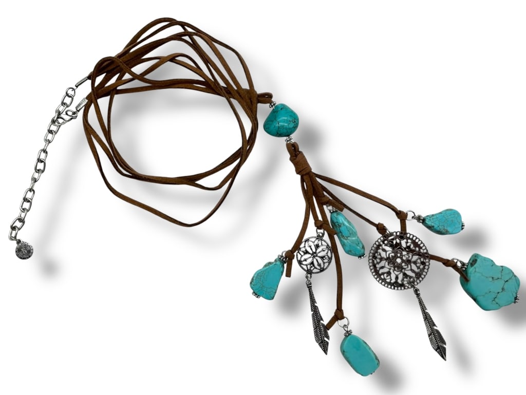 TURQUOISE & LEATHER NECKLACE WITH FEATHER CHARMS (1 of 7)