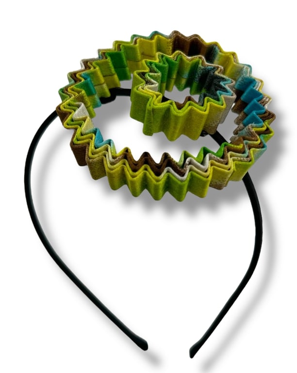 WHIMSICAL RUFFLED FABRIC SPIRAL HEADBAND - 6": WHIMSICAL MULTICOLOR RUFFLED FABRIC SPIRAL HEADBAND – ARTISANAL STATEMENT HAIR ACCESSORY -VERY GOOD PRE-OWNED CONDITION - WEAR CONSISTANT WITH AGE AND USE -APPROXIMATE DIMENSIONS: 6" H 4.5" W TURN H