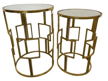 PAIR OF MIRRORED TOP GOLD METAL ACCENT TABLES