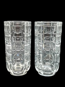 PAIR OF ORREFORS STYLE CUT GLASS VASES 9"