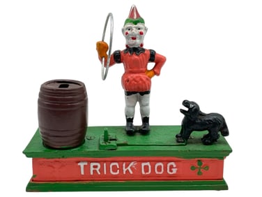 CAST METAL TRICK DOG MECHANICAL BANK 8"