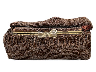 VINTAGE BRONZE BELGIUM BEADED BOX PURSE EVE BAG 9"