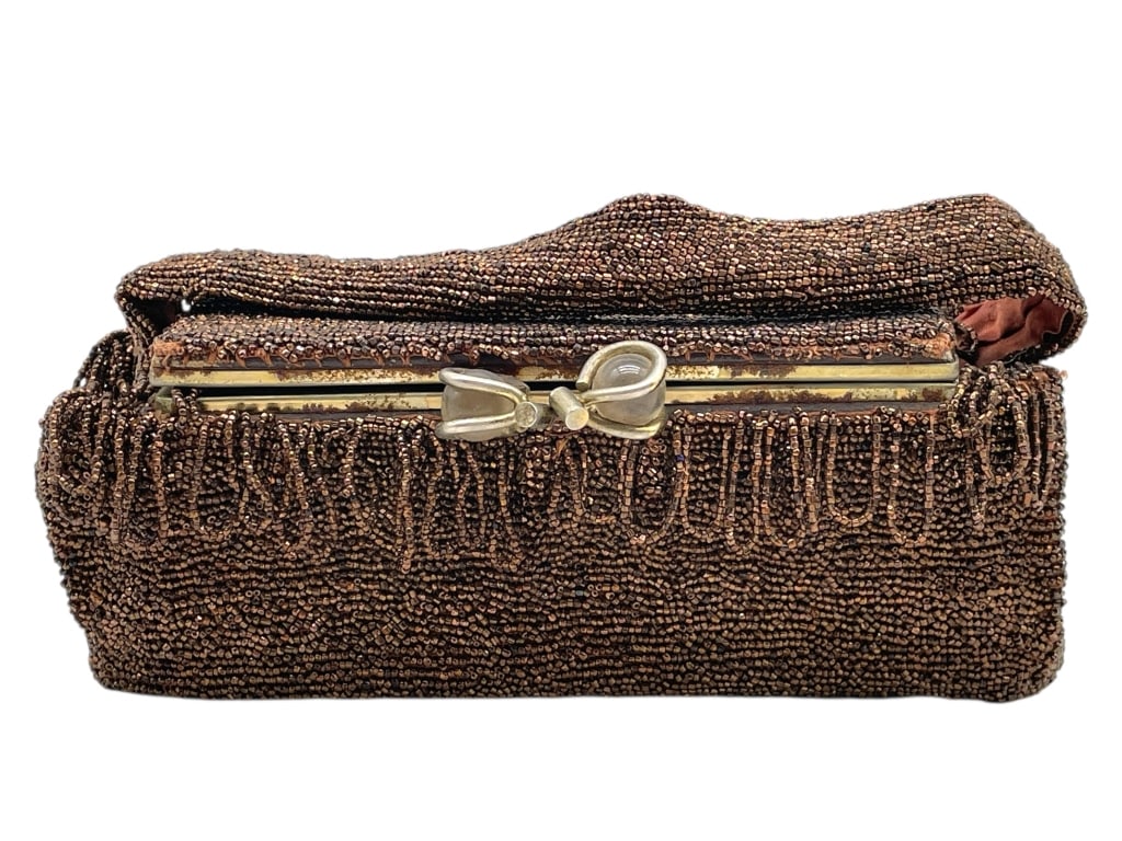 VINTAGE BRONZE BELGIUM BEADED BOX PURSE EVE BAG 9" (1 of 10)