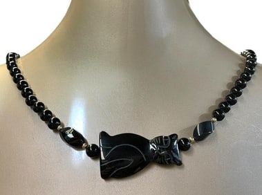 BLACK ONYX CARVED CAT 28" LONG BEADED NECKLACE