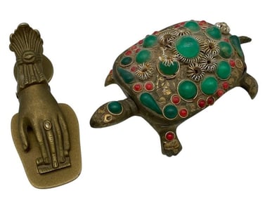 BRASS TRINKET SET TURTLE BOX W/ STONES & HAND CLIP
