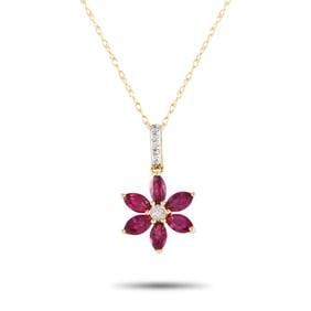 14K YELLOW GOLD DIAMOND AND RUBY FLOWER NECKLACE