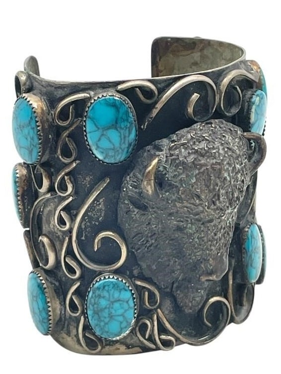 OLD PAWN NICKEL SILVER BUFFALO CUFF BRACELET MKD S (1 of 8)
