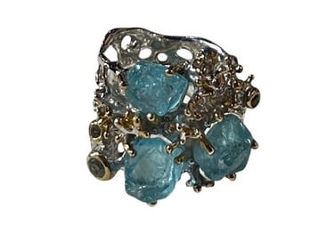 AQUAMARINE CHUNKS IN STERLING SILVER WIDE RING 7
