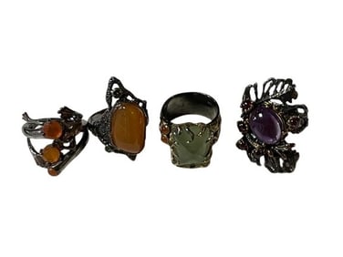 LOT OF 4 BOLD STERLING SILVER GEMSTONE RINGS 7.5