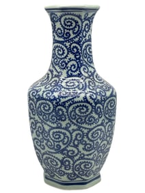 BLUE AND WHITE PORCELAIN VASE W SCROLLWORK 14"