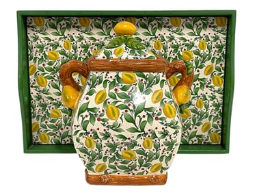 PACIFIC RIM HAND PAINTED LEMON JAR W MATCHING TRAY