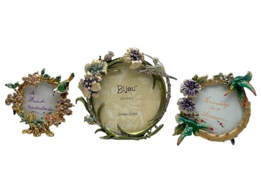 3 BIJOU ENAMELED FLORAL & CRYSTAL PICTURE FRAMES