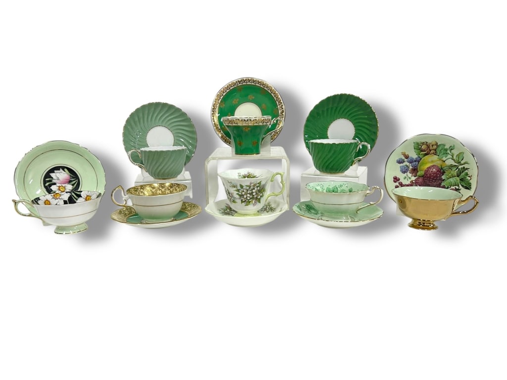 SET OF 8 ASSORTED MAKERS TEA CUP SETS: STUNNING VINTAGE COLLECTION OF 9 ENGLISH BONE CHINA TEACUP AND SAUCER SETS – FEATURING AYNSLEY, ROSINA, PARAGON, AND ROYAL ALBERT – GREEN, GOLD & FLORAL THEMES_x005F -VERY GOOD PRE-OWNED CONDITION