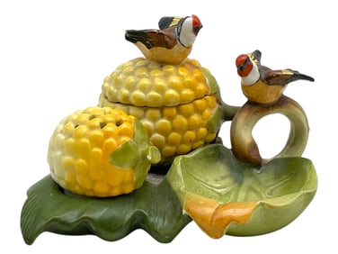 VINTAGE PORCELAIN CONDIMENT SET W TWO BIRDS