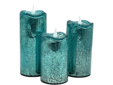 3 TURQUOISE CRACKLE EFFECT LED PILLAR CANDLES