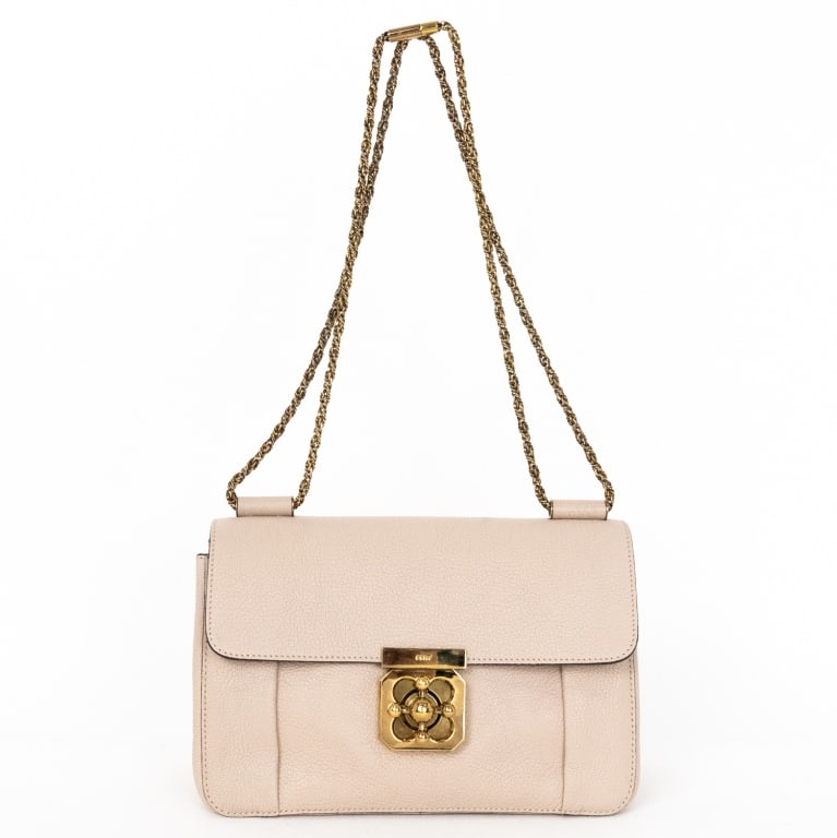 CHLOÉ ELSIE BEIGE CALFSKIN LEATHER SHOULDER BAG: The Elsie embodies Chloé’s feminine ease with smooth beige calfskin, a signature turn-lock, and delicate gold-tone hardware. A refined, carry-everywhere shoulder bag with Parisian charm._x005F _x00
