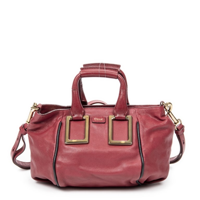 CHLOÉ MINI ETHEL CALFSKIN LEATHER HANDBAG: Chloé Mini Ethel combines color-block styling in red/black calfskin with a compact, structured silhouette._x005F _x005F CONDITION RATING: AB_x005F DIMENSIONS: 10.6 x 6.3 x 5.1 IN_x005F MATERIAL: Calf