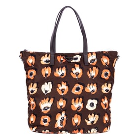 PRADA BROWN FLOWER MOTIFS NYLON CANVAS BAG