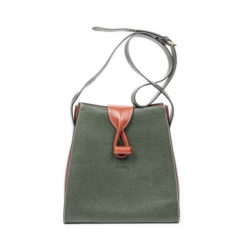 LOEWE VTG BICOLOR TURNLOCK CROSSBODY LEATHER BAG: Loewe Vintage Bicolor Turnlock Crossbody in textured green and red leather with gold-tone accents offers a bold retro-inspired statement._x005F _x005F CONDITION RATING: A_x005F DIMENSIONS: 9.8 x 10.2