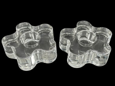 2 ORREFORS CRYSTAL FLOWER CANDLE HOLDERS 4"