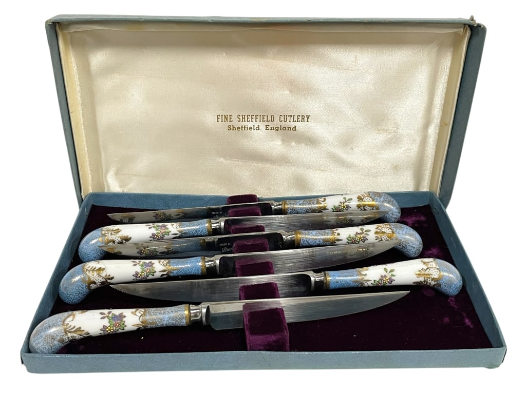 SHEFFIELD PORCELAIN STEAK KNIVES IN ORIGINAL BOX (1 of 8)