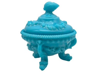 BLUE OPALINE GLASS COVERED DISH ON FOOTED BASE