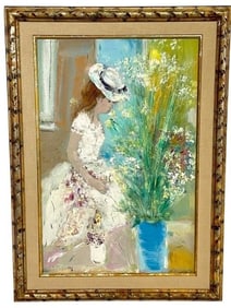 SIGNED OIL PAINTING OF A WOMAN WITH HAT 45"