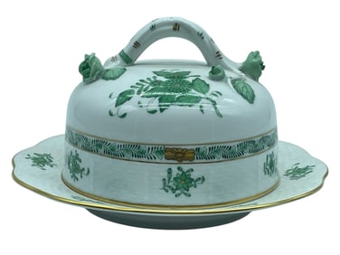 HEREND CHINESE BOUQUET GREEN COVERED BUTTER DISH