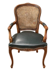 VINTAGE FRENCH PROVINCIAL CANE & LEATHER ARMCHAR