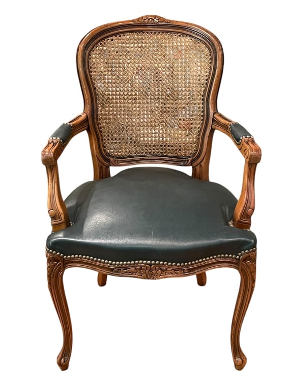 VINTAGE FRENCH PROVINCIAL CANE & LEATHER ARMCHAR (1 of 4)