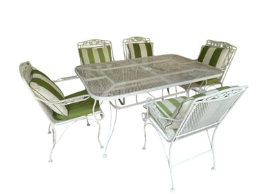 VINTAGE WROUGHT IRON PATIO TABLE & 6 CHAIR SET