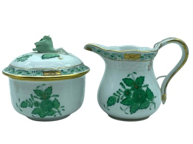 HEREND CHINESE BOUQUET GREEN SUGAR & CREAMER SET