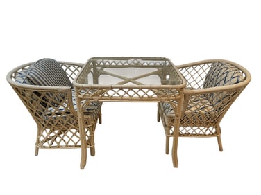 VINTAGE RATTAN DINING SET WITH TABLE AND 2 CHAIRS