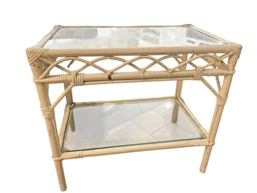 VINTAGE TWO-TIER WHITE RATTAN & GLASS SIDE TABLE