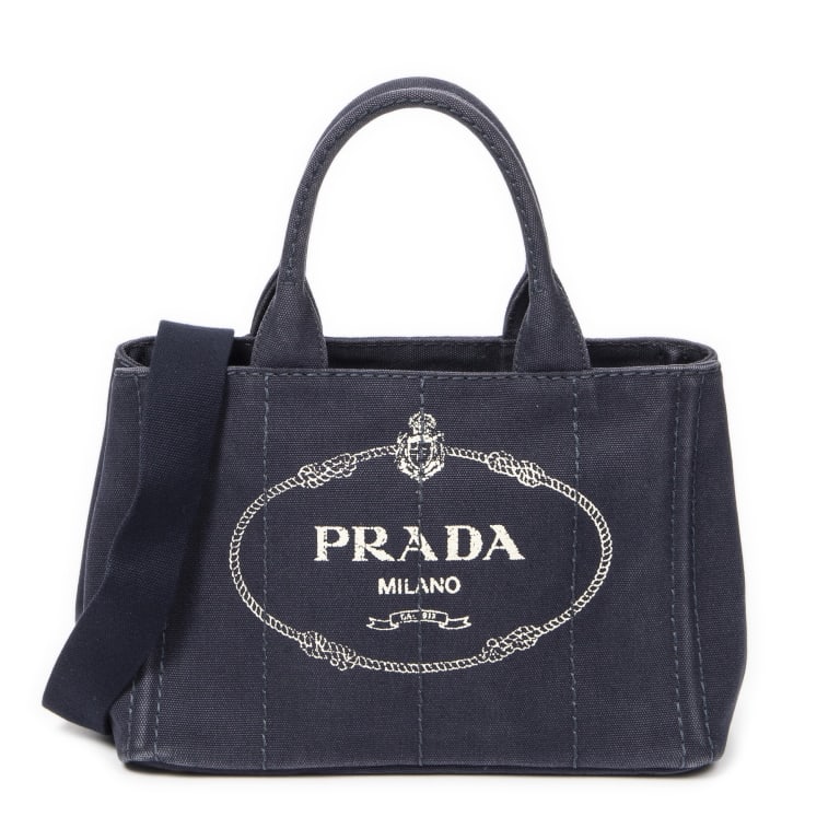PRADA SMALL CANAPA TOTE NAVY CANVAS SHOULDER BAG (1 of 11)
