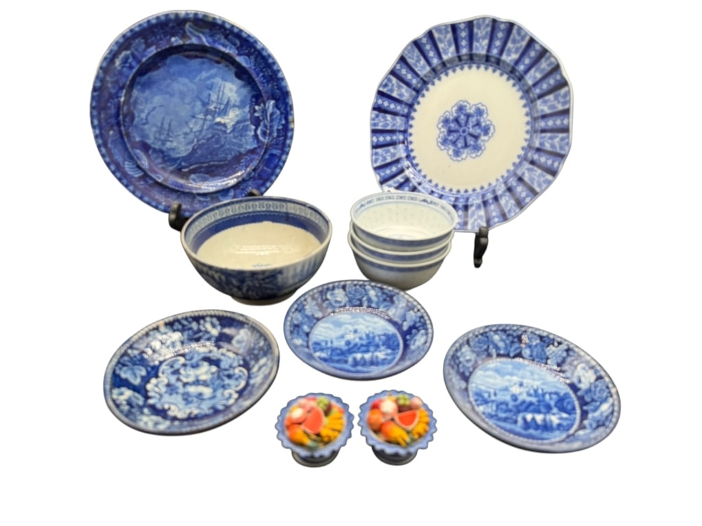 COLLECTION OF BLUE AND WHITE PORCELAIN DISHES ANDS: COLLECTION OF BLUE AND WHITE PORCELAIN DISHES AND BOWLS -A charming assortment of vintage and antique blue and white porcelain pieces, including transferware plates, decorative bowls, and small accent