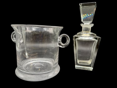 PAIR OF VTG GLASS BARWARE – ICE BUCKET & DECANTER
