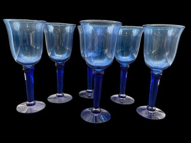 SET OF SIX COBALT BLUE STEMMED WINE GLASSES