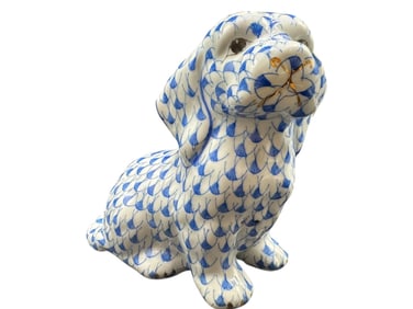 BLUE AND WHITE PORCELAIN DOG FIGURINE