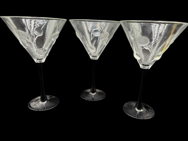 SET OF 3 ETCHED MARTINI GLASSES WITH BLACK STEMS