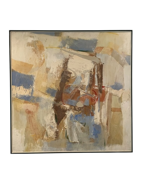 LARGE ABSTRACT OIL PAINTING 61": LARGE ABSTRACT OIL PAINTING -This is a large and expressive abstract oil painting featuring a balanced composition with a palette of soft blues, warm beiges, and earthy browns. The artist's use of thi