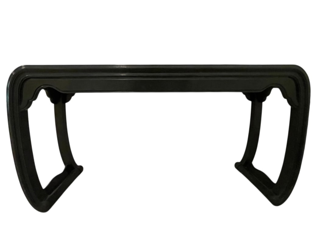 HENREDON CHINOISERIE BLACK LACQUER CONSOLE TABLE: HENREDON CHINOISERIE BLACK LACQUER CONSOLE TABLE -This is a stunning vintage console table by Henredon, featuring a sleek black lacquer finish and classic Chinoiserie design elements. The table's top